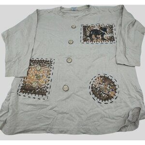 Cesucci long sleeve shirt buttons boho animals cotton brown gold black READ